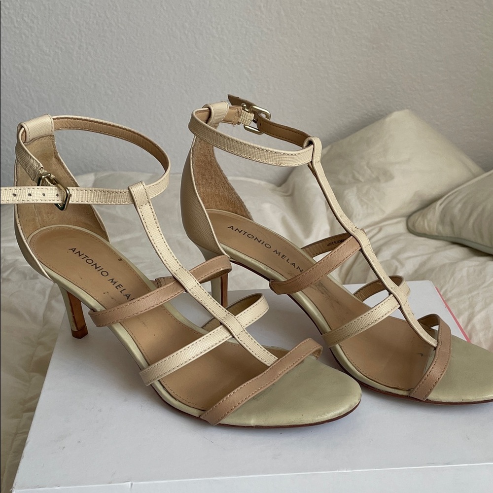 ANTONIO MELANI Two-Tone Cream and Tan T-Strap Heeled Sandals